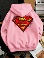 Men'S Fashion Sweatshirt, Retro Distressed Cracked Graffiti Superman Logo Print Design, Men'S Trendy Hoodie Loose Fit, Adjustable Drawstring, Fleece-Lined Sweatshirt Comfortable Fall Winter Wear, Outdoor Sports Casual Trendy Clothing - Pink