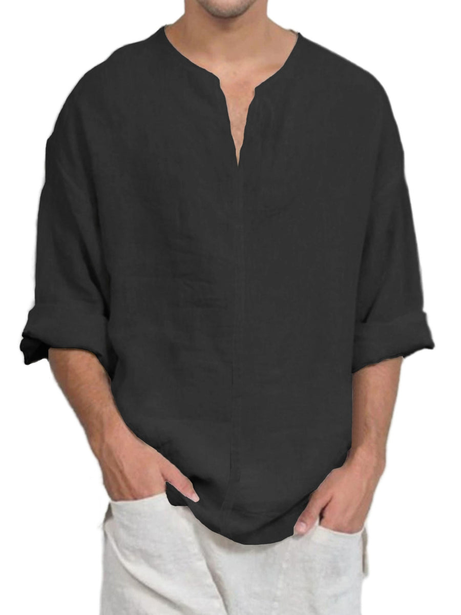 Spring New Men'S Long Sleeve Shirt Solid Color Loose Casual Soft Shirt Basic Daily Fashion V-Neck Men'S Top - Soot Black