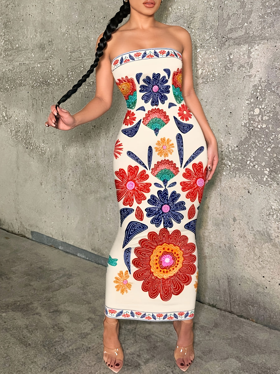 Women'S Fashion Apparel Exquisite Holiday Beach Party Attire Women'S Elegant Floral Print Off-The-Shoulder Strapless Tailored Waist-Cinched Bodycon Dress Bridesmaid Dress Women'S - Off-white