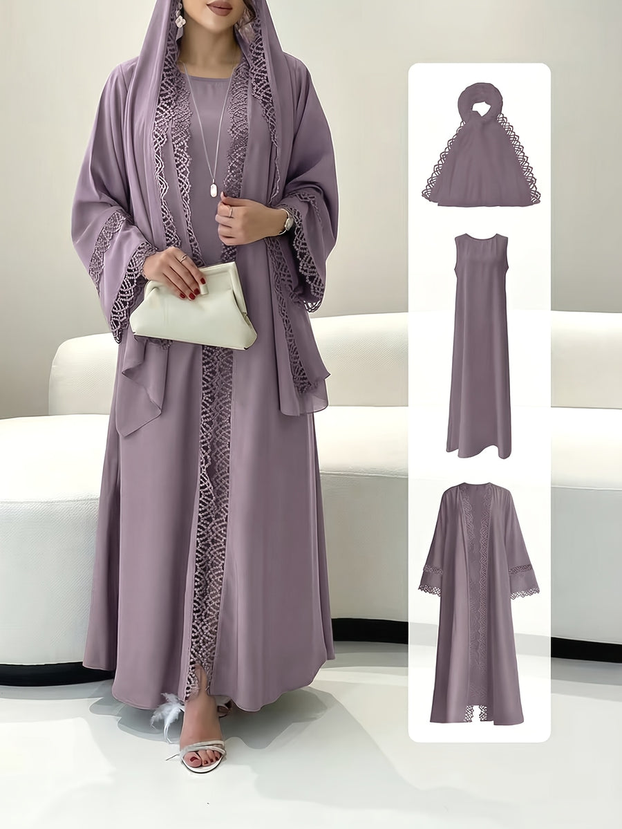 [Size UP for Regular Fit] Women's Spring/Summer Elegant Lace Patchwork Robe Dress 2pcs Set, Women's Elegant Outfit - Rose Brown