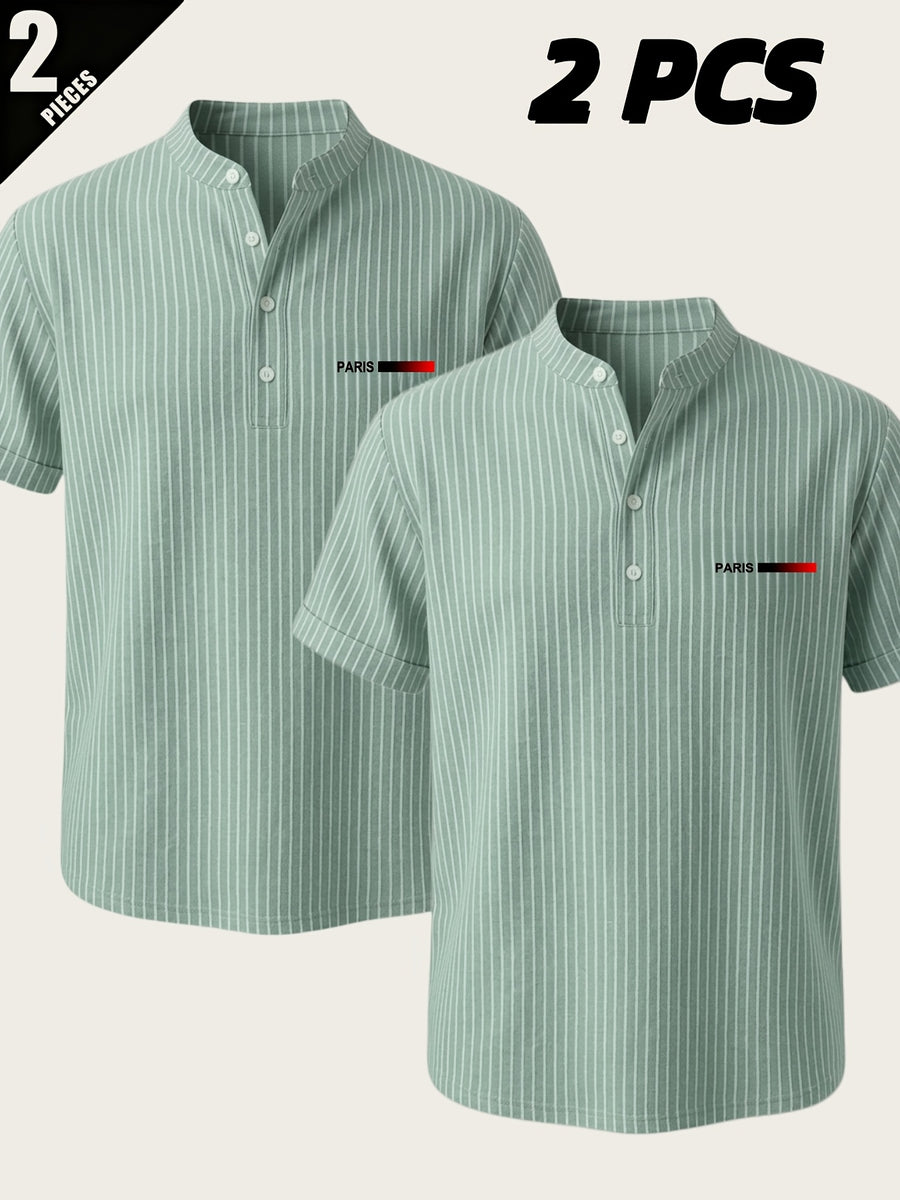 2pcs Men'S Striped Henley Shirt Set, PARIS Chest Print Short Sleeve Shirt, Lightweight Breathable Regular Fit, Suitable for Casual Wear, Travel, And Layering - Green+green