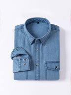 Men'S Casual Shirt American Retro Denim Shirt Fashion Trendy Double-Pocket Utility Shirt Button-Up Long Sleeve T-Shirt Spring Autumn Thin Outerwear - Light Blue