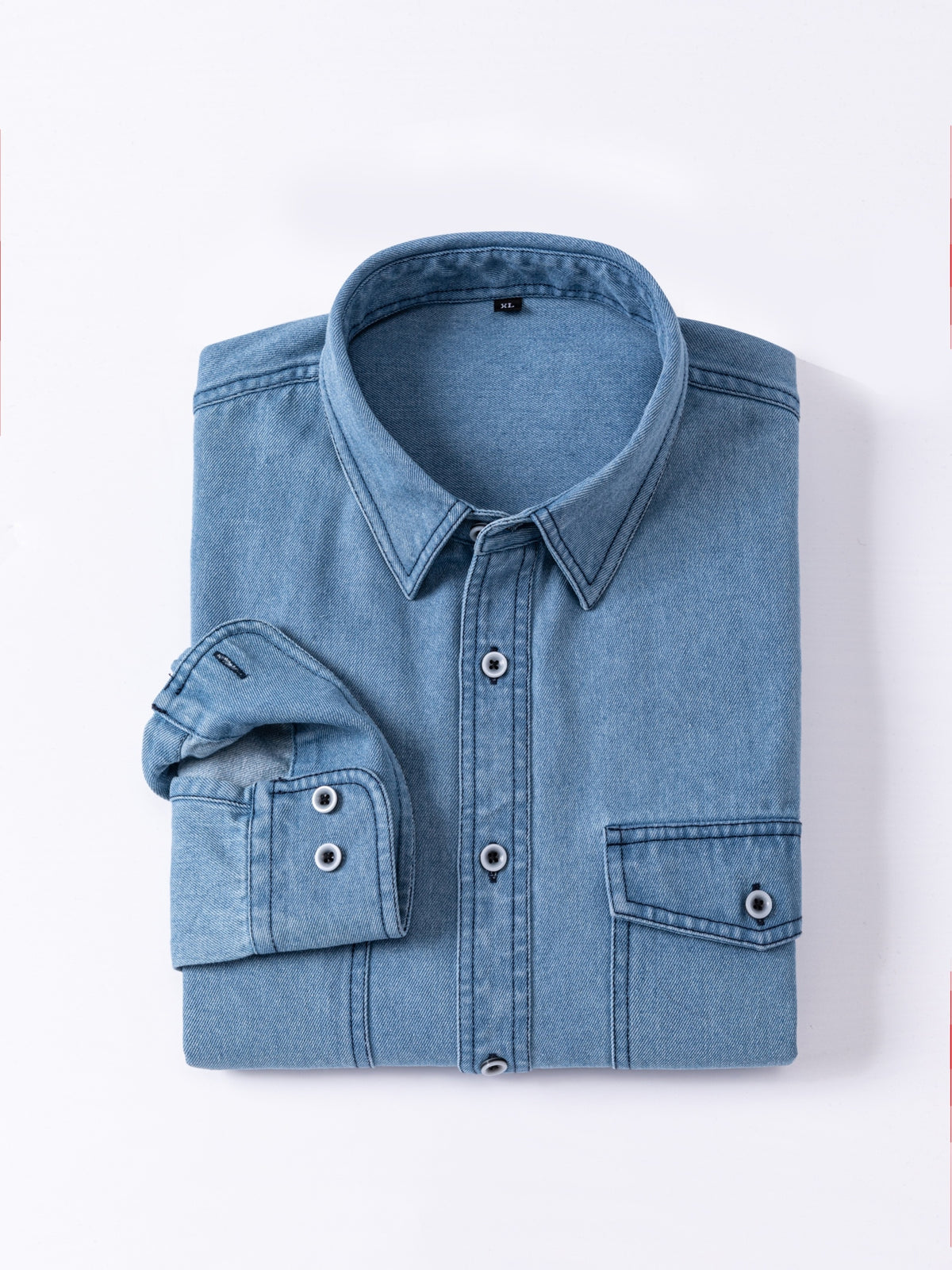 Men'S Casual Shirt American Retro Denim Shirt Fashion Trendy Double-Pocket Utility Shirt Button-Up Long Sleeve T-Shirt Spring Autumn Thin Outerwear - Light Blue