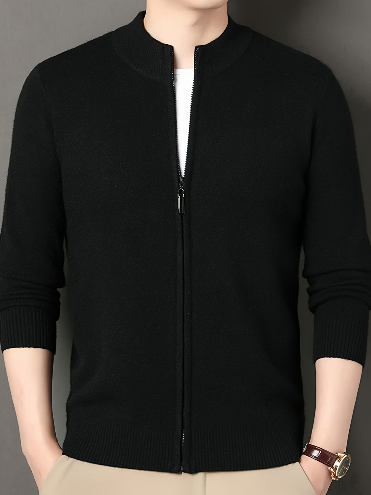 Men's Stand Collar Zipper Solid Color Knit Cardigan, Business Casual Style, Simple Solid Color, Slim Fit Not Tight, Versatile and Practical - Black