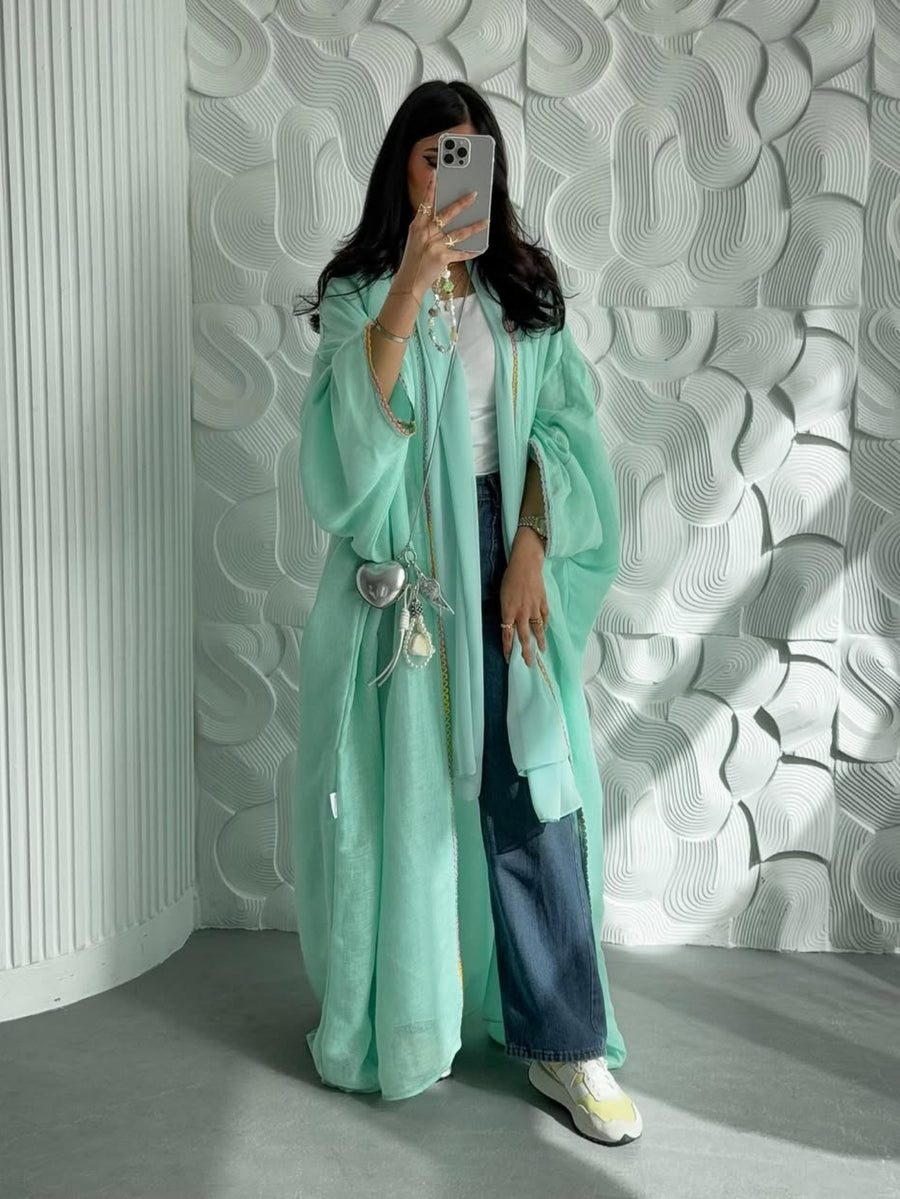 Plus Size, In Stock Plus Size Casual Lace Robe Middle Eastern Women's Elegant Cardigan Long Sleeve Fashion Solid Color Abaya Long Outerwear with Scarf 2pcs Set - Light Green