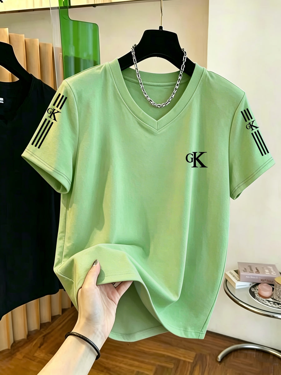 V-Neck Short-Sleeve T-Shirt with GK Letter & Striped Print - Casual Basic Top, Non- Opaque Shirt Suitable for Spring Summer Wardrobe, Machine Washable Casual Attire for Office, Layering & Transitional Outfits - Pea Green Color