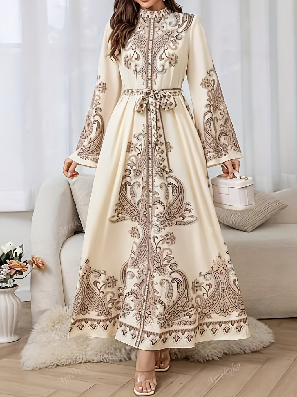 BK0905501  Style Long Sleeve Paisley Print Abaya Dress Inspired by the Middle East for Women, with Adjustable Belt and Machine Washable Fabric - Versatile for All Seasons - Beige