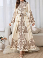 BK0905501  Style Long Sleeve Paisley Print Abaya Dress Inspired by the Middle East for Women, with Adjustable Belt and Machine Washable Fabric - Versatile for All Seasons - Beige