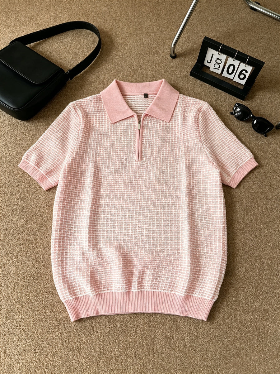 Men's Polo Collar Short Sleeve Waffle Knit Top, Solid Color Lightweight Breathable Casual Pullover - Pink Color