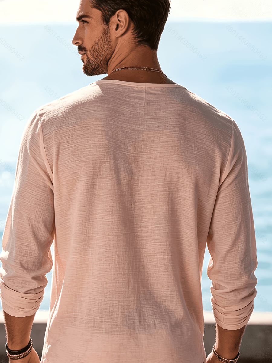 2pcs Set of Solid Color Casual Long Sleeve T-Shirts, Men'S V-Neck Breathable Versatile Top - Pink+Light Purple