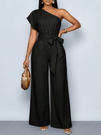 Women'S Summer Commute Fashionable Elegant Daytime Outing Casual Easy Solid Color Asymmetrical One-Shoulder Pleated Wide-Leg Jumpsuit, Suitable for Daily Wear, Dates, Parties, Vacation Outfits, All-Season Clothing, Women'S Office Attire - Black