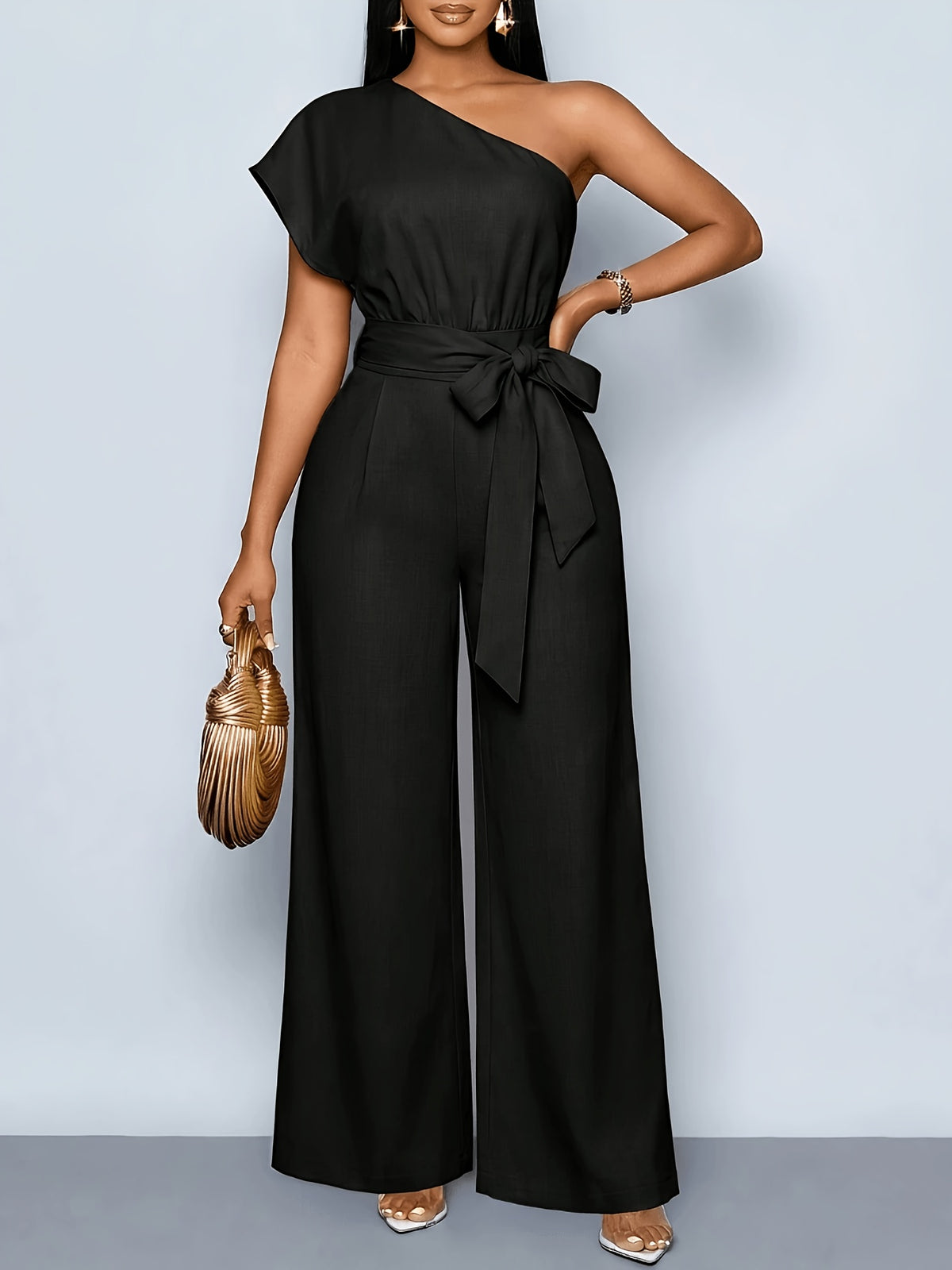 Women'S Summer Commute Fashionable Elegant Daytime Outing Casual Easy Solid Color Asymmetrical One-Shoulder Pleated Wide-Leg Jumpsuit, Suitable for Daily Wear, Dates, Parties, Vacation Outfits, All-Season Clothing, Women'S Office Attire - Black