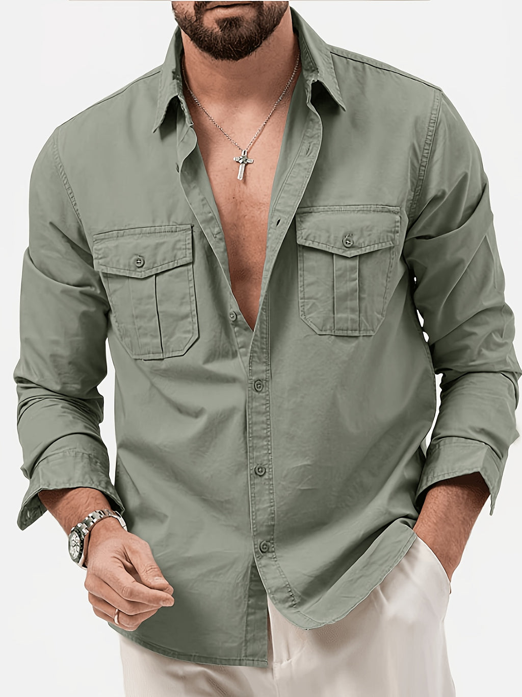 Men'S Multicolor Dress Shirt Multi-Pocket Casual Long Sleeve Top - Matcha Color