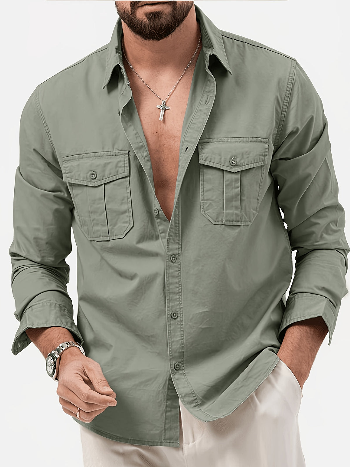Men'S Multicolor Dress Shirt Multi-Pocket Casual Long Sleeve Top - Matcha Color