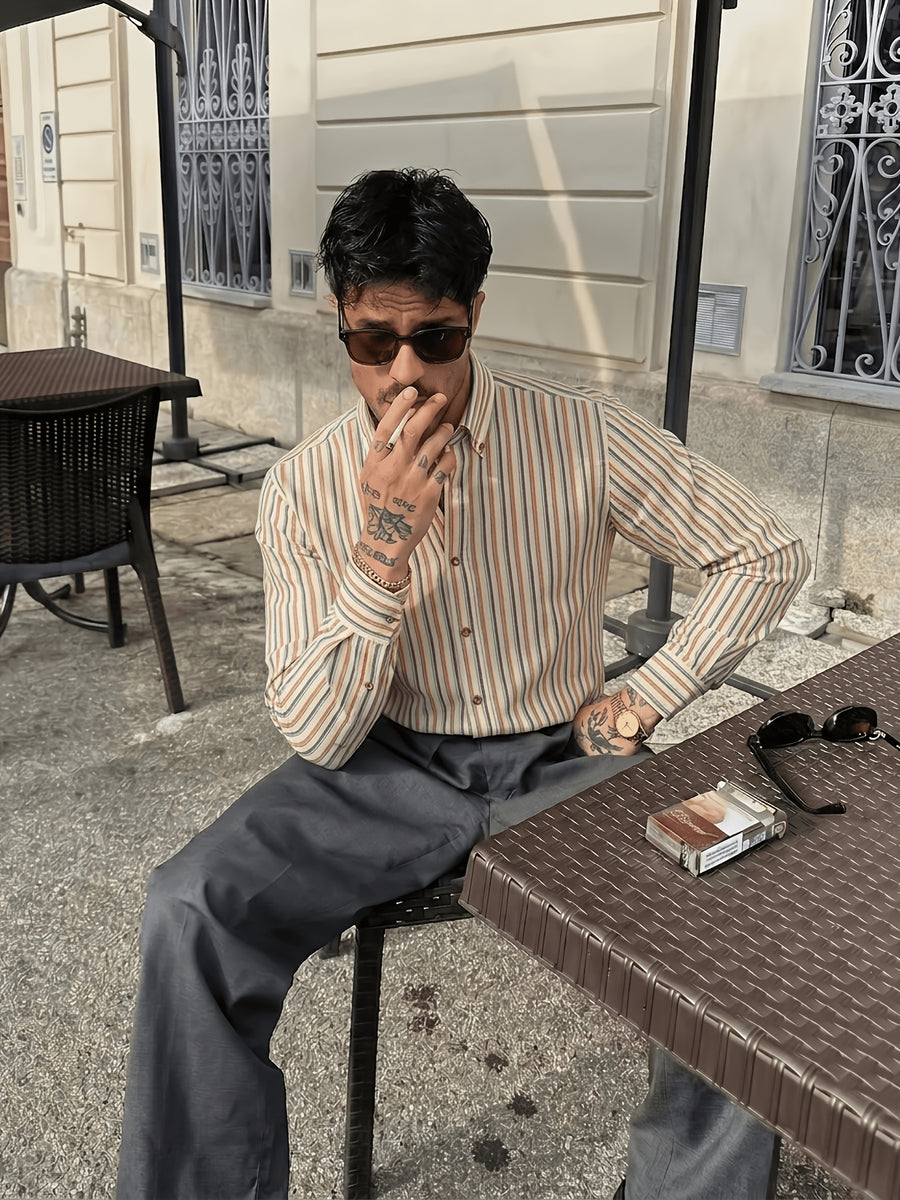 Old Money Outfits Men's Colorful Striped Button- Long-Sleeve Vintage Shirt, 100% Casual Business Shirt, Lightweight and Breathable, Versatile Long-Sleeve Top for Daily Wear, Office, and Weekend Outings - Mixed colors