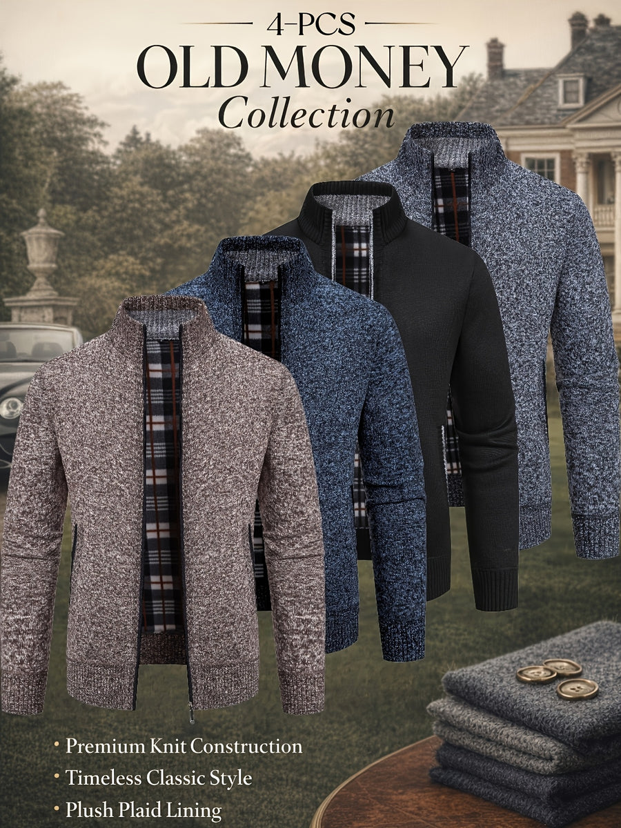 Men'S Cardigan Set from The Old Qian Brand with 4pcs — Made from Premium Knitted Material, Featuring a Classic Design That Is Warm, Fashionable, And Adaptable for Different Events - Dark Gray+Black+Blue+Brown