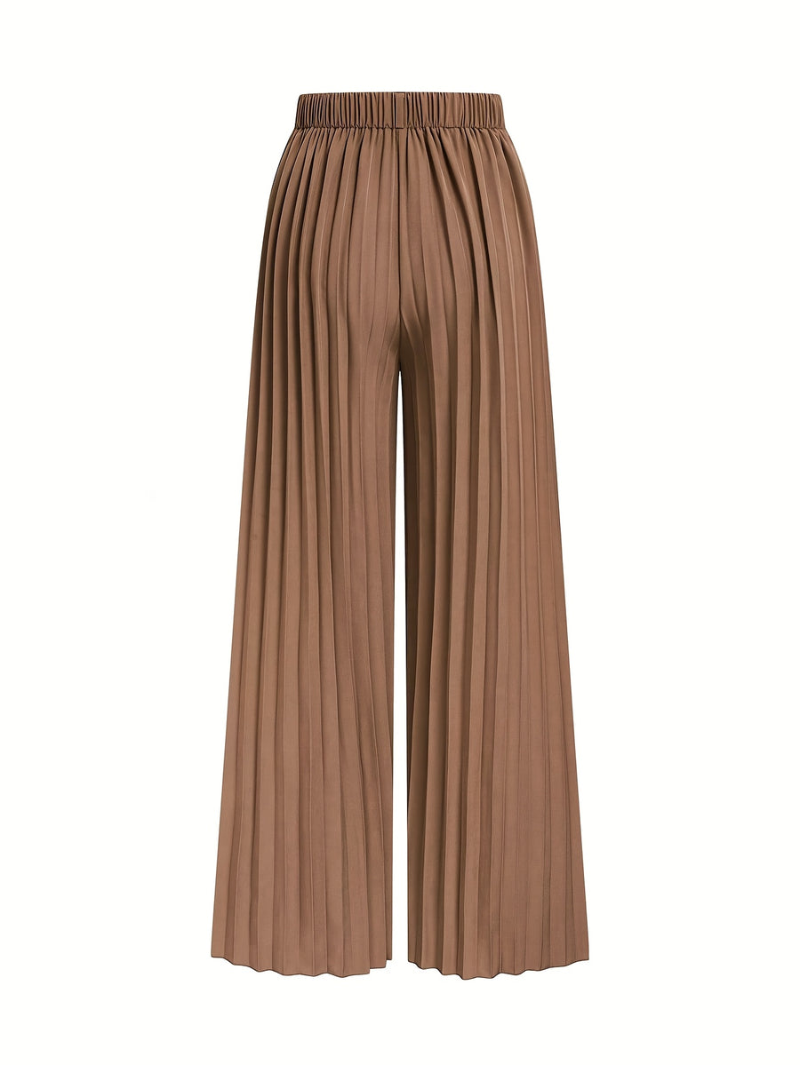 ASD1 Women's New Elegant Solid Color Stretch Waist Pleated Wide-Leg Pants, Designed Specifically for Commuting, Belt Not Included - 【Brown】