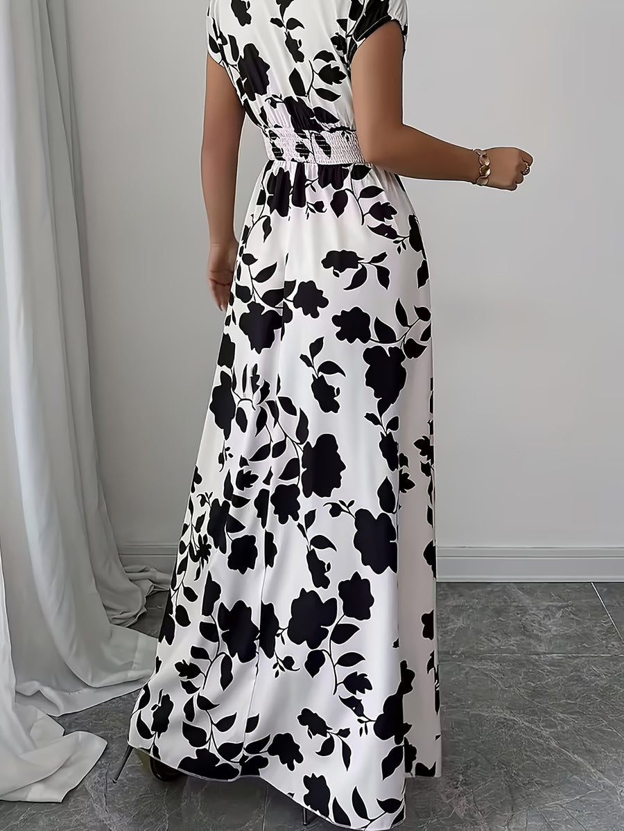 Ladies' V-Neck Floral Print Casual Long Dress | Perfect for Spring/Fall, Shirred Detail, A-Line Pendulum Style - Black