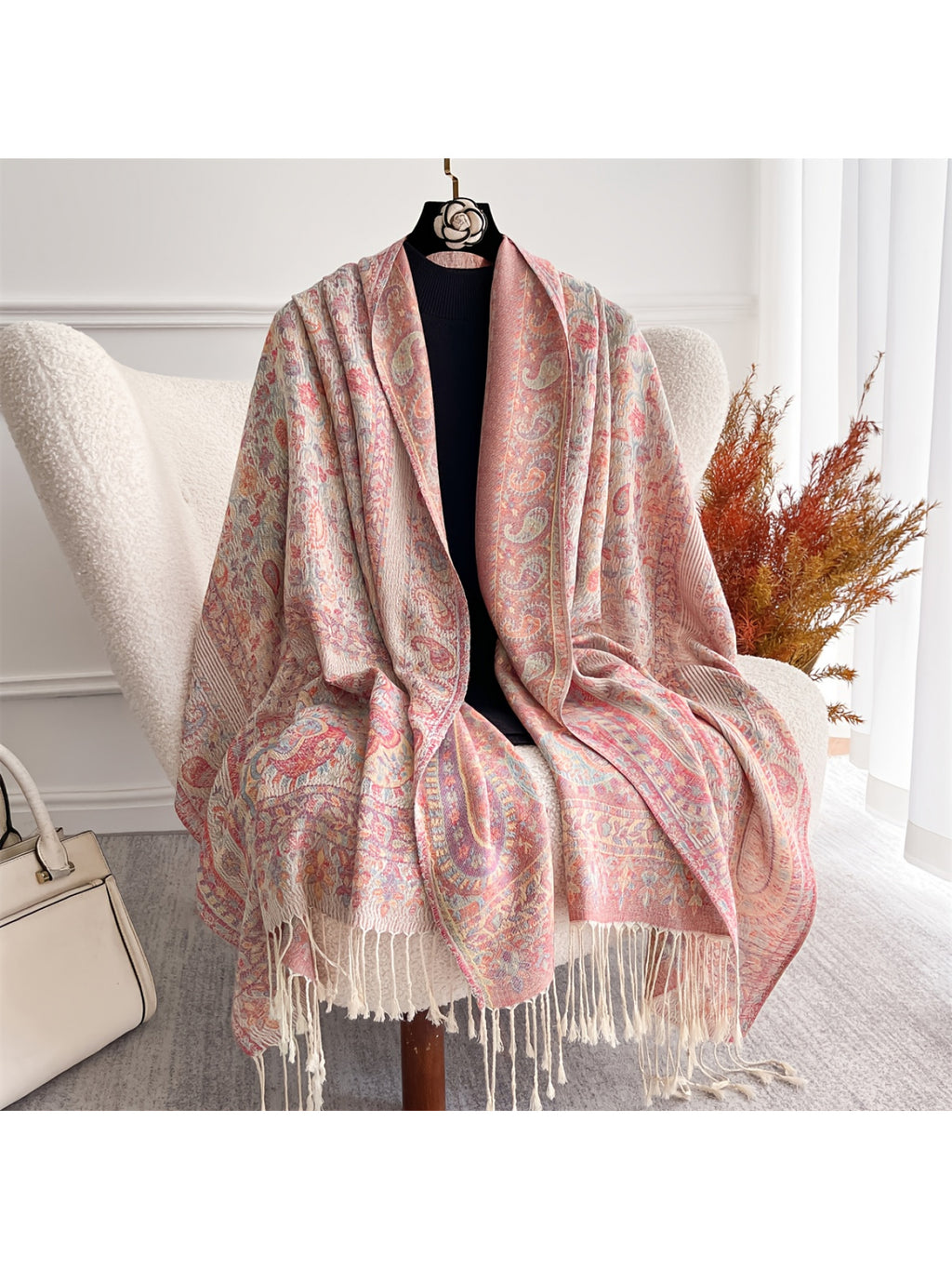 1pc Soft Paisley Fringed Cardigan, Elegant Oversized Coat, Pistachio Floral Pattern, Made of Breathable Fabric, Exquisite Fringed Trim, Multi-Functional Fashion Shawl - Pink Color