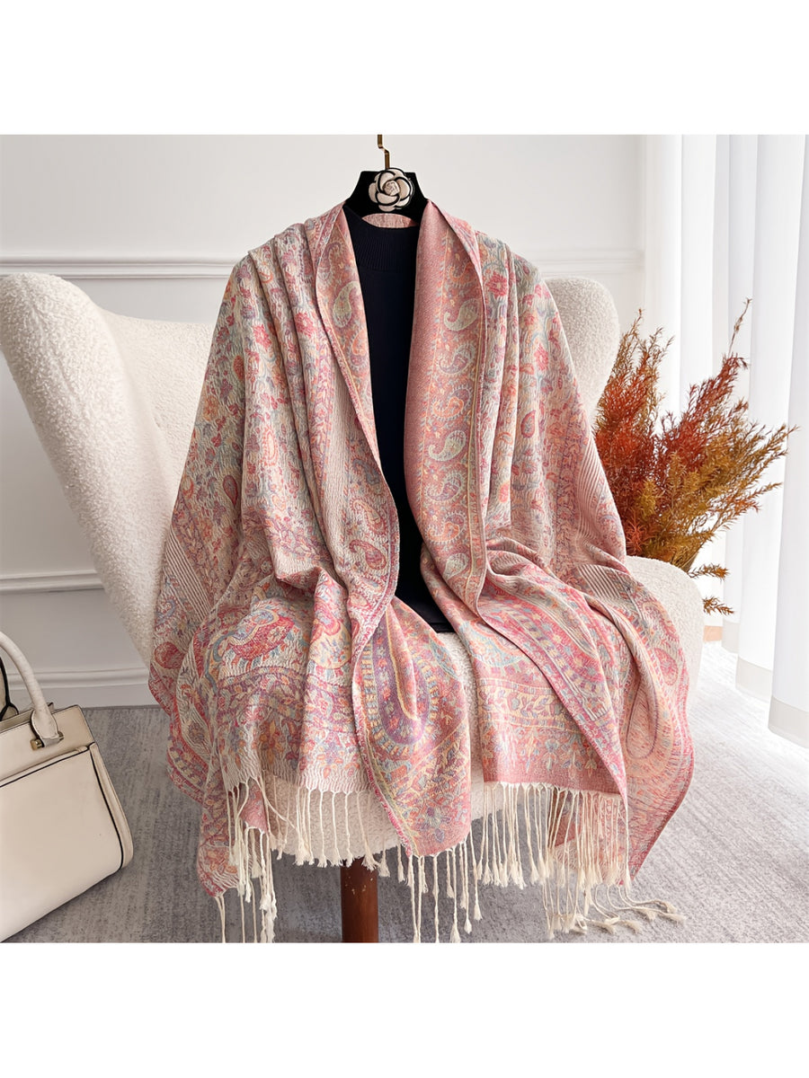 1pc Soft Paisley Fringed Cardigan, Elegant Oversized Coat, Pistachio Floral Pattern, Made of Breathable Fabric, Exquisite Fringed Trim, Multi-Functional Fashion Shawl - Pink Color