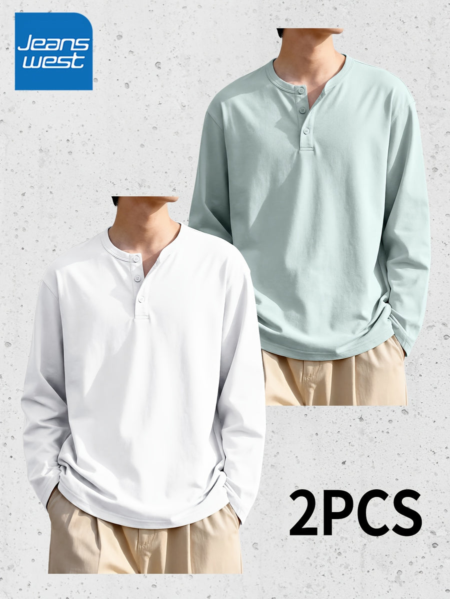 (Set of Two) JEANSWEST Men'S Long-Sleeve Henley Shirts for Spring And Fall - White + Light Gray Green