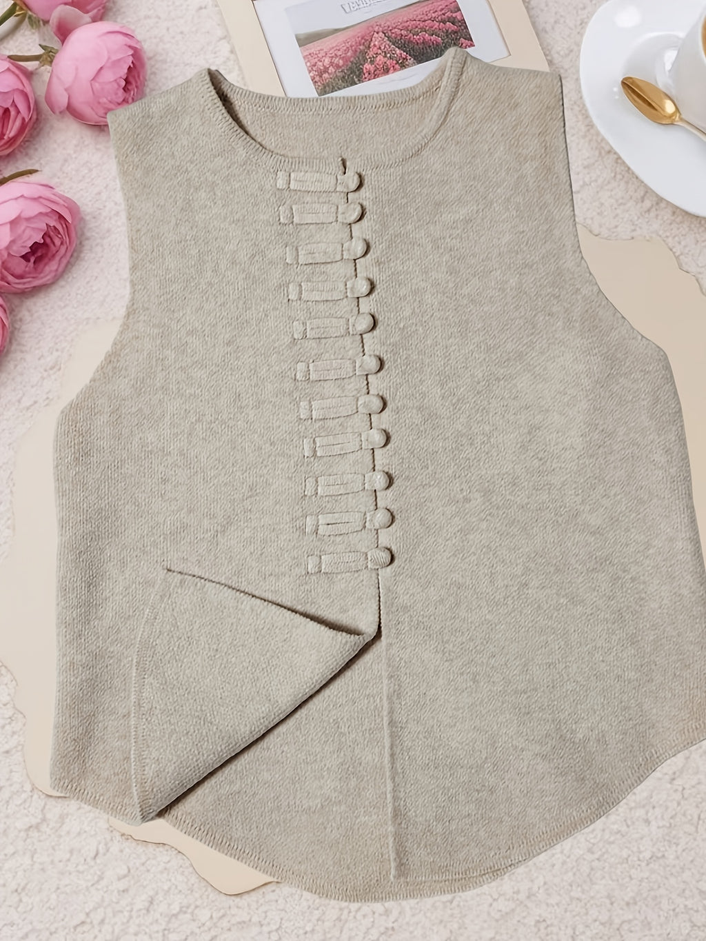 2026 New Women's Spring/Autumn New Chinese-Style Vintage Elegant Casual Solid Color Soft Sweater Vest Outerwear Jacket - Off-white