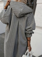 Plus Size, 2025 Autumn/Winter New Arrival: Simple, Intellectual, and Elegant British-Inspired Mature Style with a Vacation Vibe. Solid Color Commuting Comfort Fabric, Houndstooth Print Pattern, Homewear, Three-Dimensional Cut, Button-Front - Black