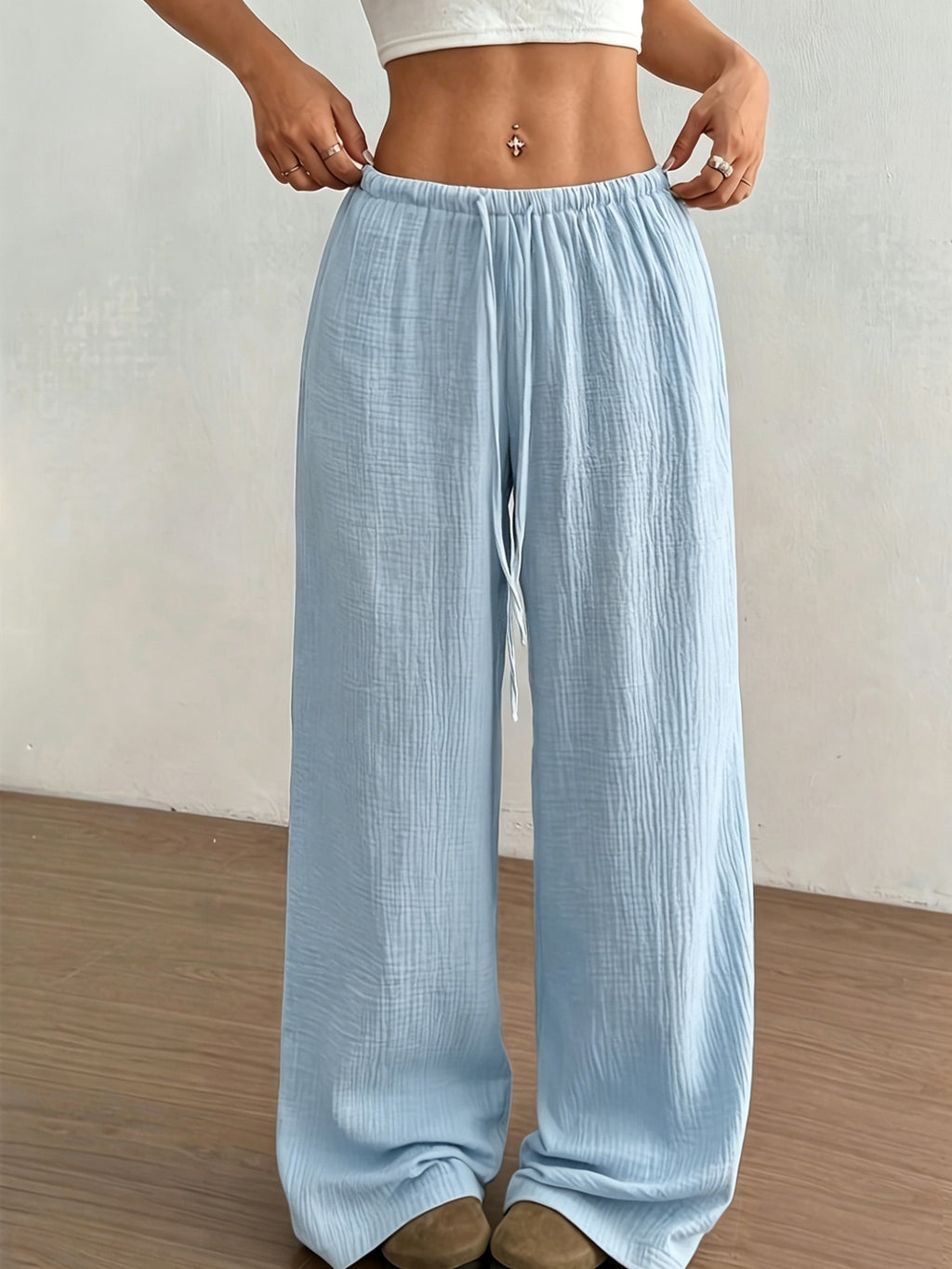 Women's Solid Color Wide-Leg Trousers - Elastic Waist Straight-Leg Pants with Adjustable Drawstring, Lightweight Loose Wide Pants Suitable for Spring Summer Fall, Casual Office Wear, Machine Washable Wide Leg Pants for Blouses - Light Blue