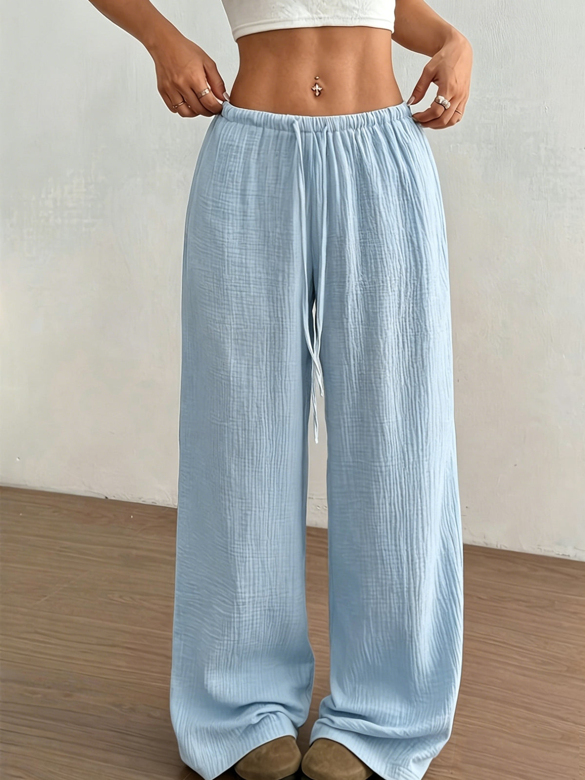 Women's Solid Color Wide-Leg Trousers - Elastic Waist Straight-Leg Pants with Adjustable Drawstring, Lightweight Loose Wide Pants Suitable for Spring Summer Fall, Casual Office Wear, Machine Washable Wide Leg Pants for Blouses - Light Blue