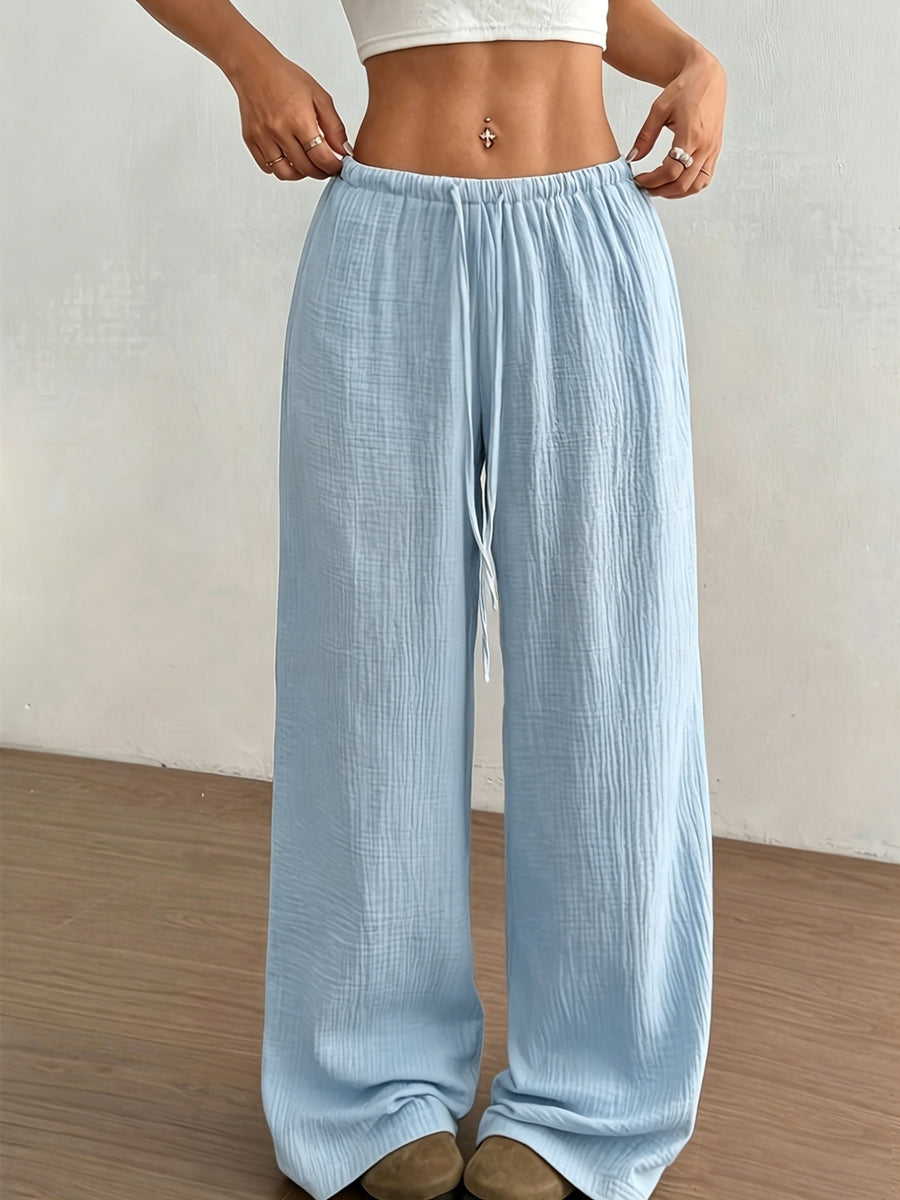 Women's Solid Color Wide-Leg Trousers - Elastic Waist Straight-Leg Pants with Adjustable Drawstring, Lightweight Loose Wide Pants Suitable for Spring Summer Fall, Casual Office Wear, Machine Washable Wide Leg Pants for Blouses - Light Blue
