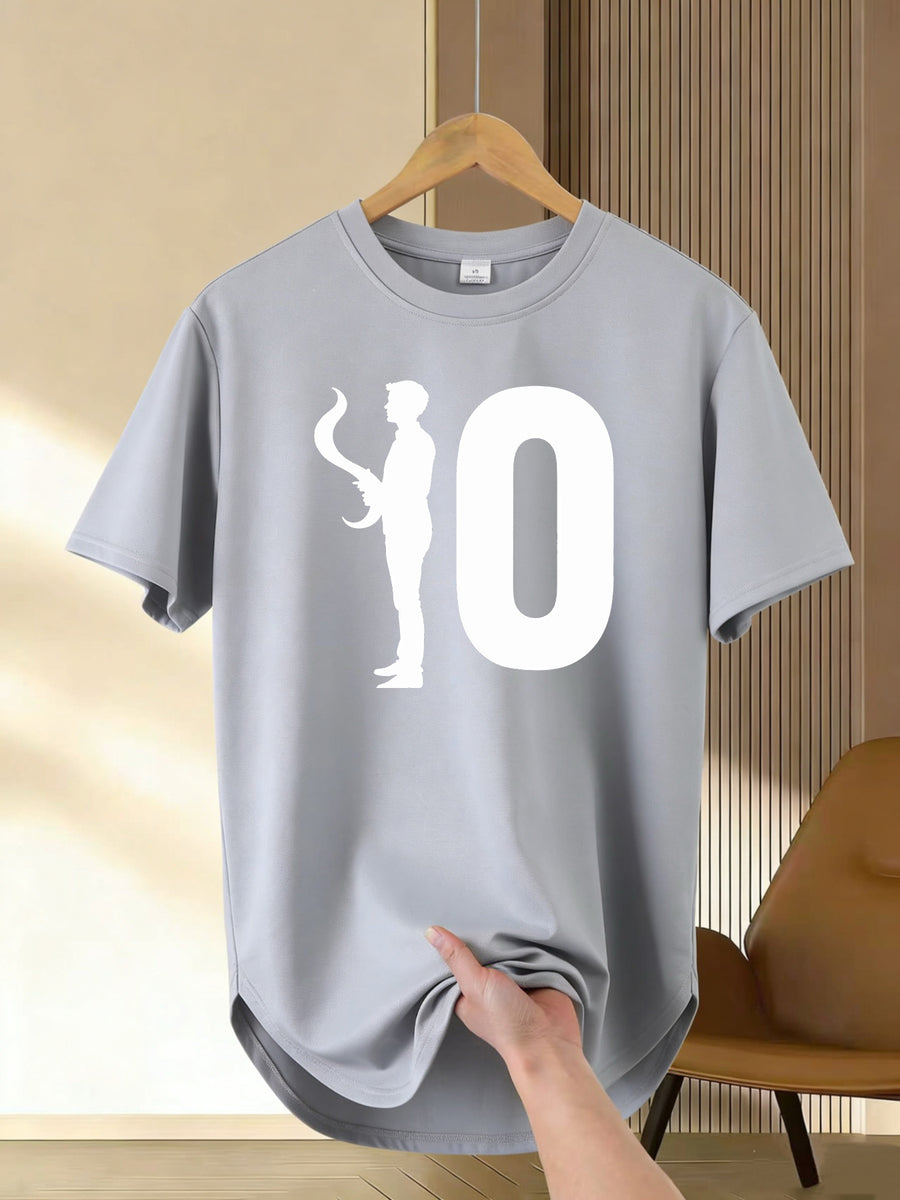 Men's Longline Statement Graphic T-Shirt - Bold Contrast Crew Neck Short Sleeve Tee, Lightweight 100% Polyester, Minimalist Regular Fit Summer Casual Top with Contrast Print Suitable for Casual Attire & Layering - Grey