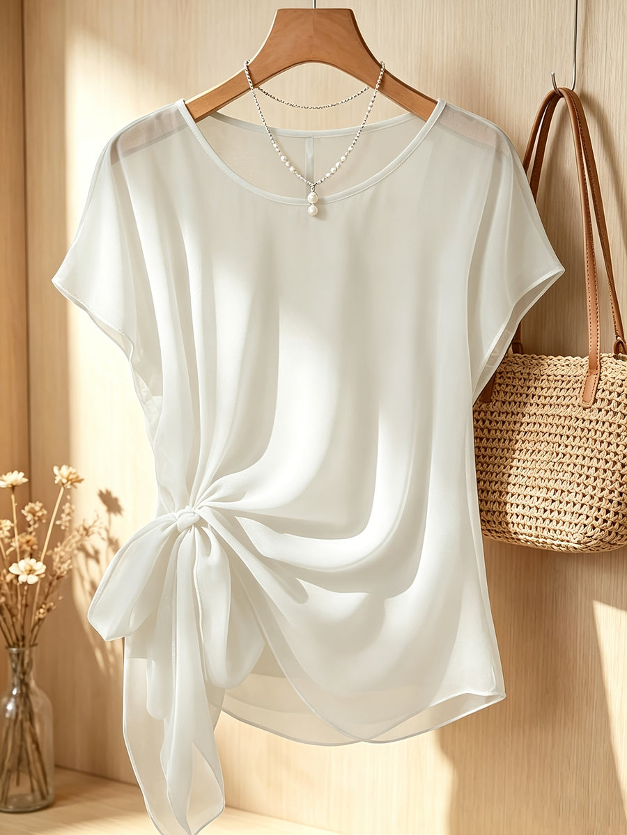 Spring Summer Women'S Fashion Ruffled Waist-Cinching Irregular Hem Temperament Elegant Style Chiffon Short Sleeve Top - White