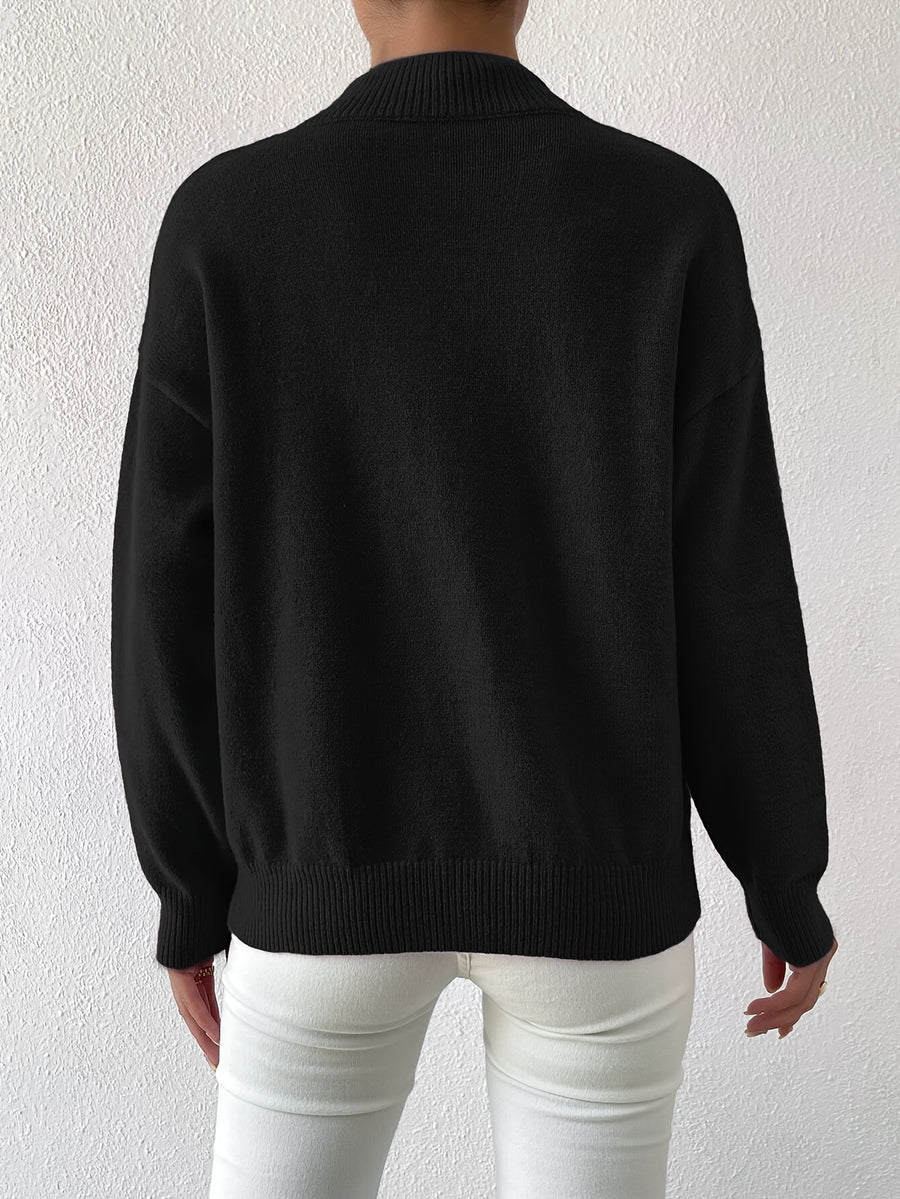 Women's Solid Color Elegant Mock Neck Long Sleeve Drop Shoulder Pullover Sweater - Black