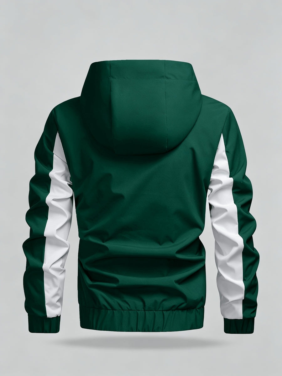 Men's Color Block Patchwork Hooded Sport Jacket with Adjustable Drawstring Hood and Zipper, Versatile Casual Jacket for Campus, Commuting, Hiking, Jogging, and Daily Wear - 25016 - Green