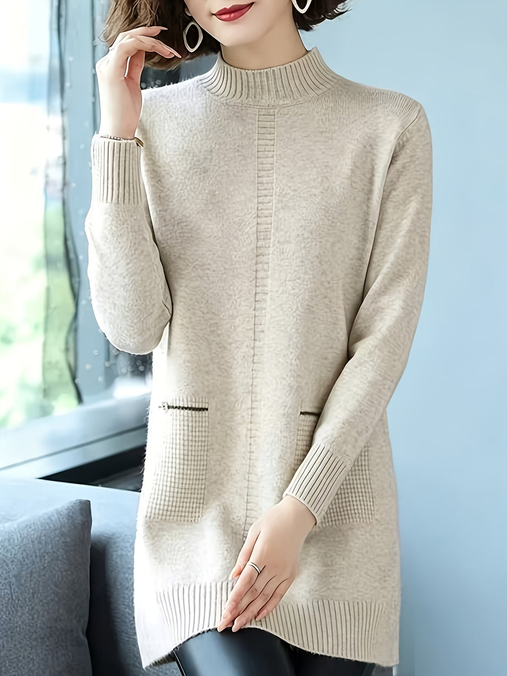 Women'S Half-Turtleneck Mid-Length Dress, 2026 Autumn/Winter New Style Loose Base Layer Sweater - Beige Color
