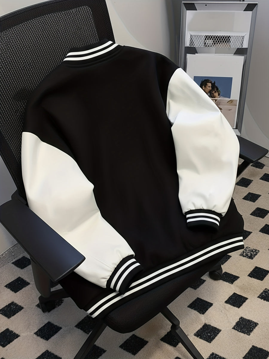 Women'S Retro Baseball Jacket, Black And White Patchwork Campus Style Coat, Leopard Print Bow Print Pattern, Fleece-Lined Zipperless Jacket, Suitable for Street Casual Wear, Machine Washable, Trendy Street Style - Black And White