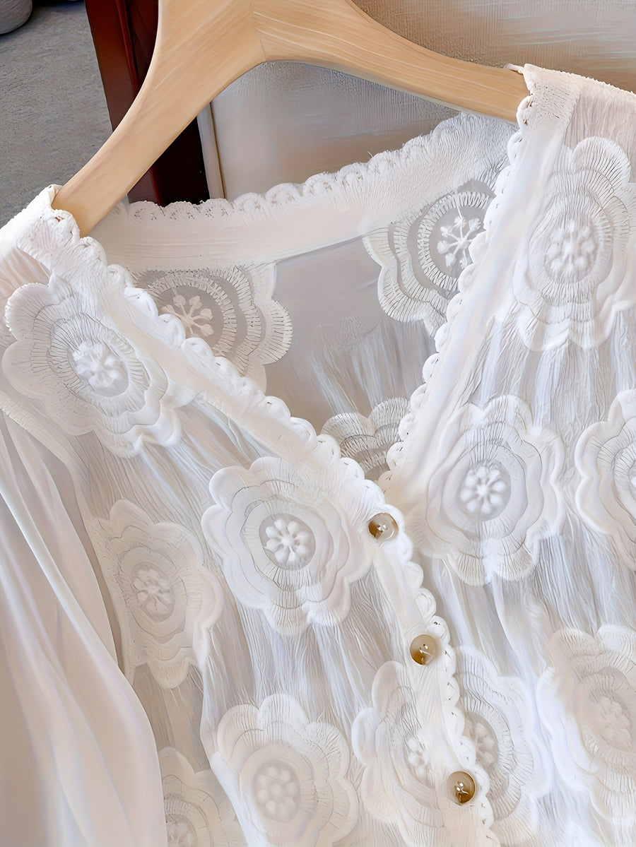 Women's Floral Lace Blouse - Elegant V-Neck Button-Up Shirt with Bell Sleeves, Machine Washable Women's Top for Wedding, Garden Party, Everyday - Boho Chic Blouse for Spring/Summer Outfits, Wedding Guest Outfit, Romantic Design, Intricate Embroidery - White