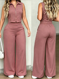 YYTT Women'S New Elegant Solid Color Shirt with Collar And Single-Breasted Button Design Top And Wide-Leg Pocket Design Long Pants Two-Piece Set, Suitable for Summer Outdoor Casual And Other Occasions - Light Brown-1