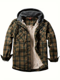 New European and American Style Autumn/Winter -Lined Casual Comfortable Men's Plaid Hooded Shirt Jacket - Olive