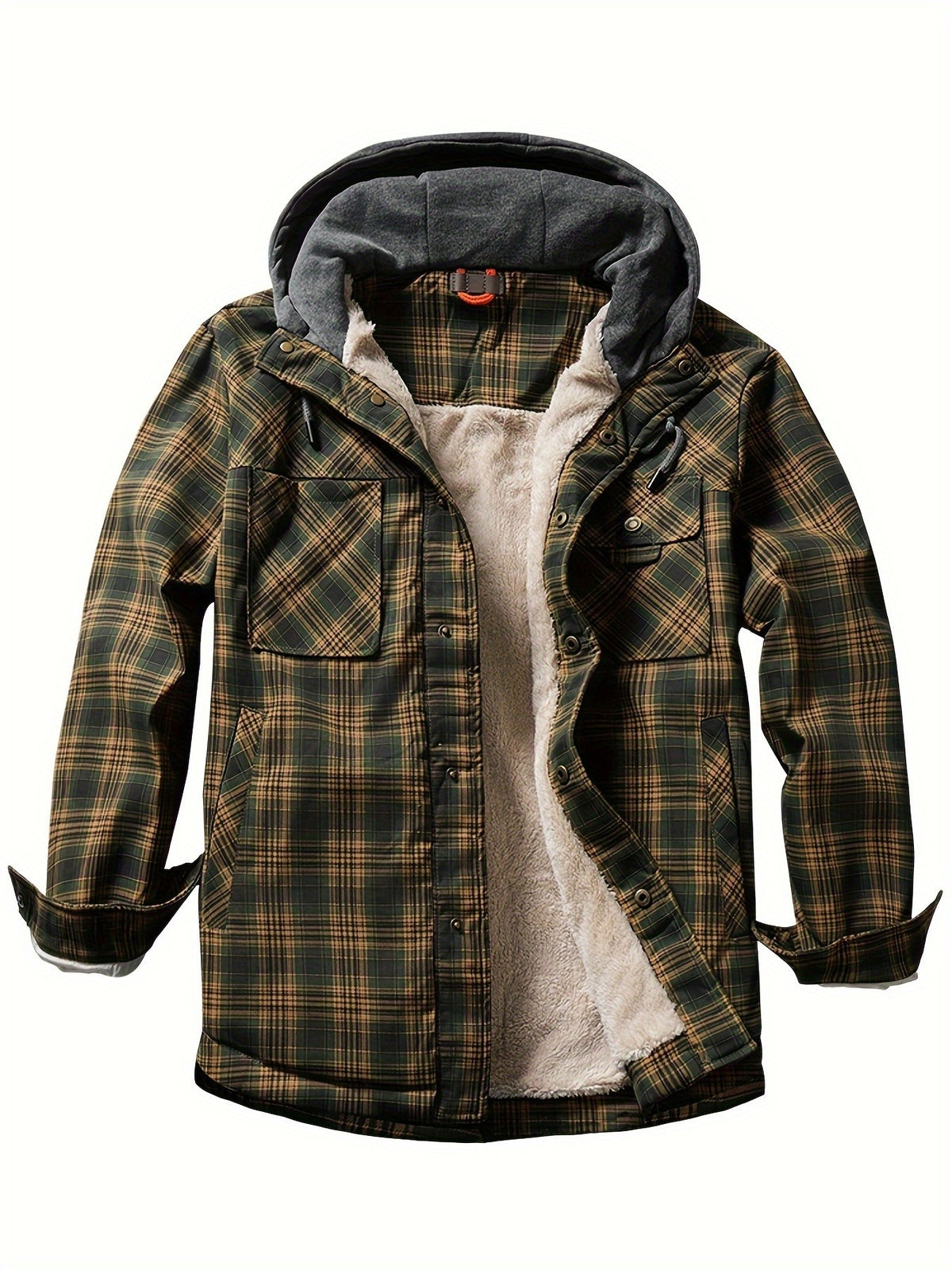 New European and American Style Autumn/Winter -Lined Casual Comfortable Men's Plaid Hooded Shirt Jacket - Olive