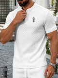 Men'S Summer Casual Textured Short Sleeve T-Shirt, New Year Print, Breathable Textured Jacquard Round Neck Henley Shirt with Buttons, Regular Fit Suitable for Outdoor And Casual Wear, Men'S Textured Short Sleeve Henley Shirt - White