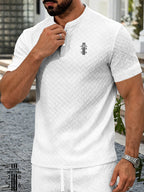 Men'S Summer Casual Textured Short Sleeve T-Shirt, New Year Print, Breathable Textured Jacquard Round Neck Henley Shirt with Buttons, Regular Fit Suitable for Outdoor And Casual Wear, Men'S Textured Short Sleeve Henley Shirt - White