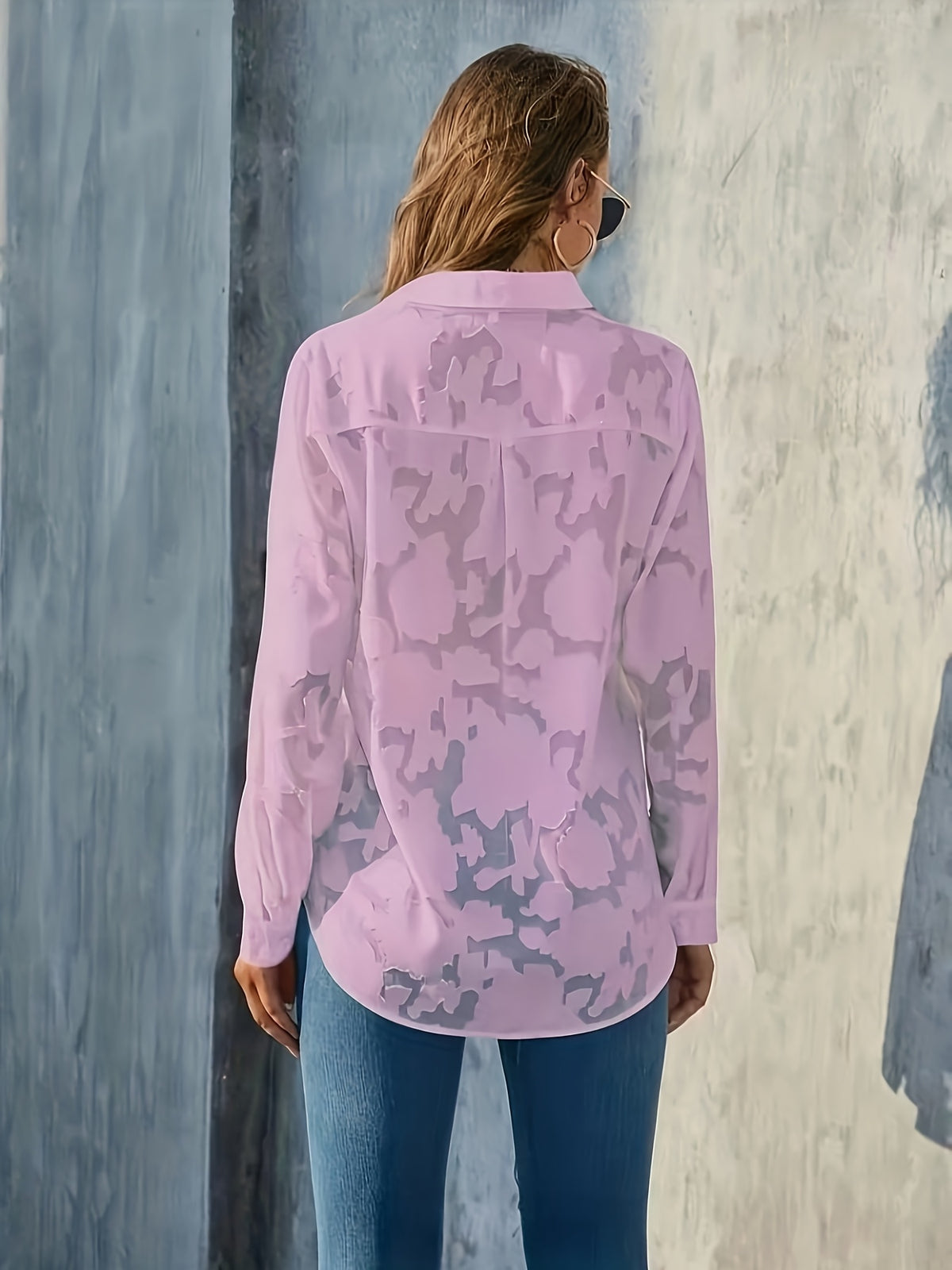 Elegant Women's Blouse, Long-sleeve Jacquard Top, 100% Polyester Solid Color, Button Details, Fabric, Suitable for Spring, Summer, and Autumn - Violet