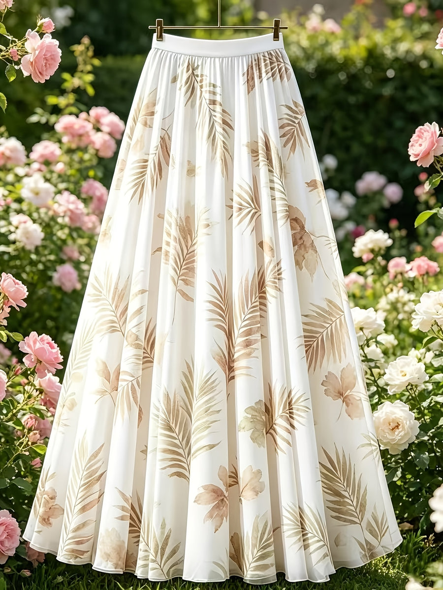 Spring/Summer Vacation Women's Elegant Palm Leaf Print A-Line Skirt, High-Waist Skirt, Beach Vacation Casual Office Skirt, Suitable for All Seasons - White