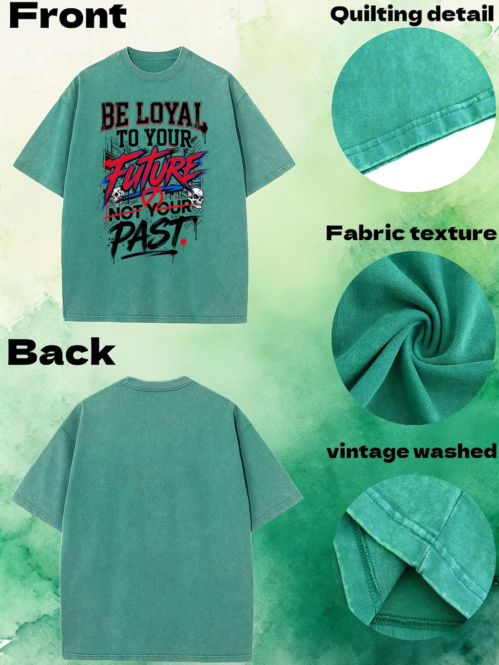 American-Style Washed Vintage Skull Graphic T-Shirt, Dark High Street Fashion Short Sleeves, Loose Fit with Motivational Slogans for Men - Green
