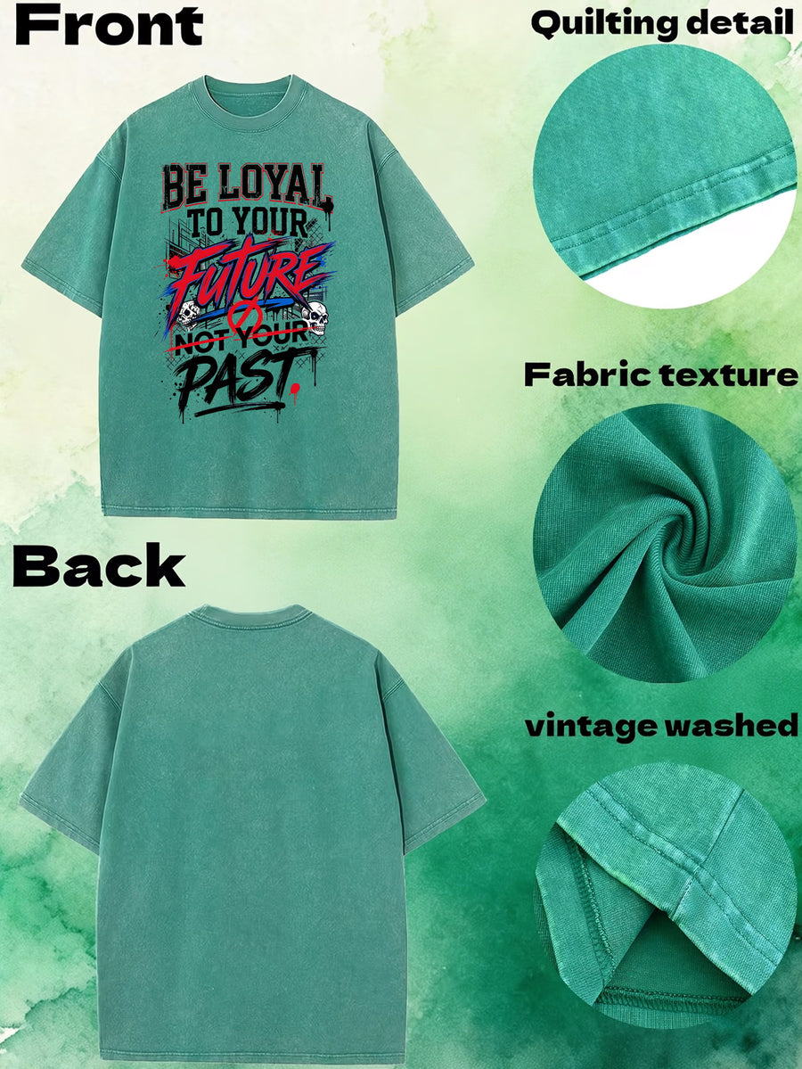 American-Style Washed Vintage Skull Graphic T-Shirt, Dark High Street Fashion Short Sleeves, Loose Fit with Motivational Slogans for Men - Green