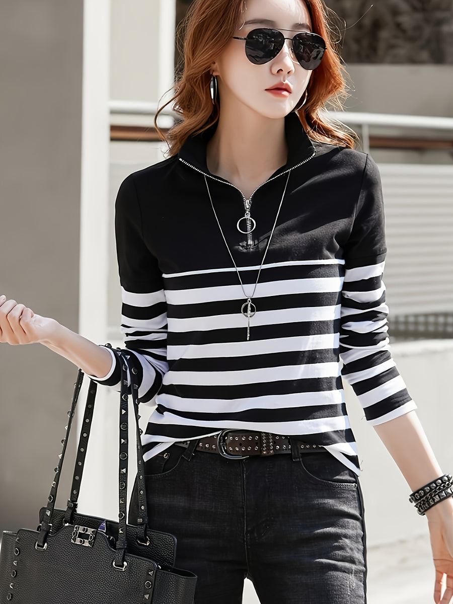 Women's Casual Collar Long Sleeve T-Shirt - Contrast Stripe Color Block Design, Half-Zip Front, Regular Fit Spring/Fall Top, Seasonal Fashion, Colorblock Style, Quality Casualwear - Black Strips