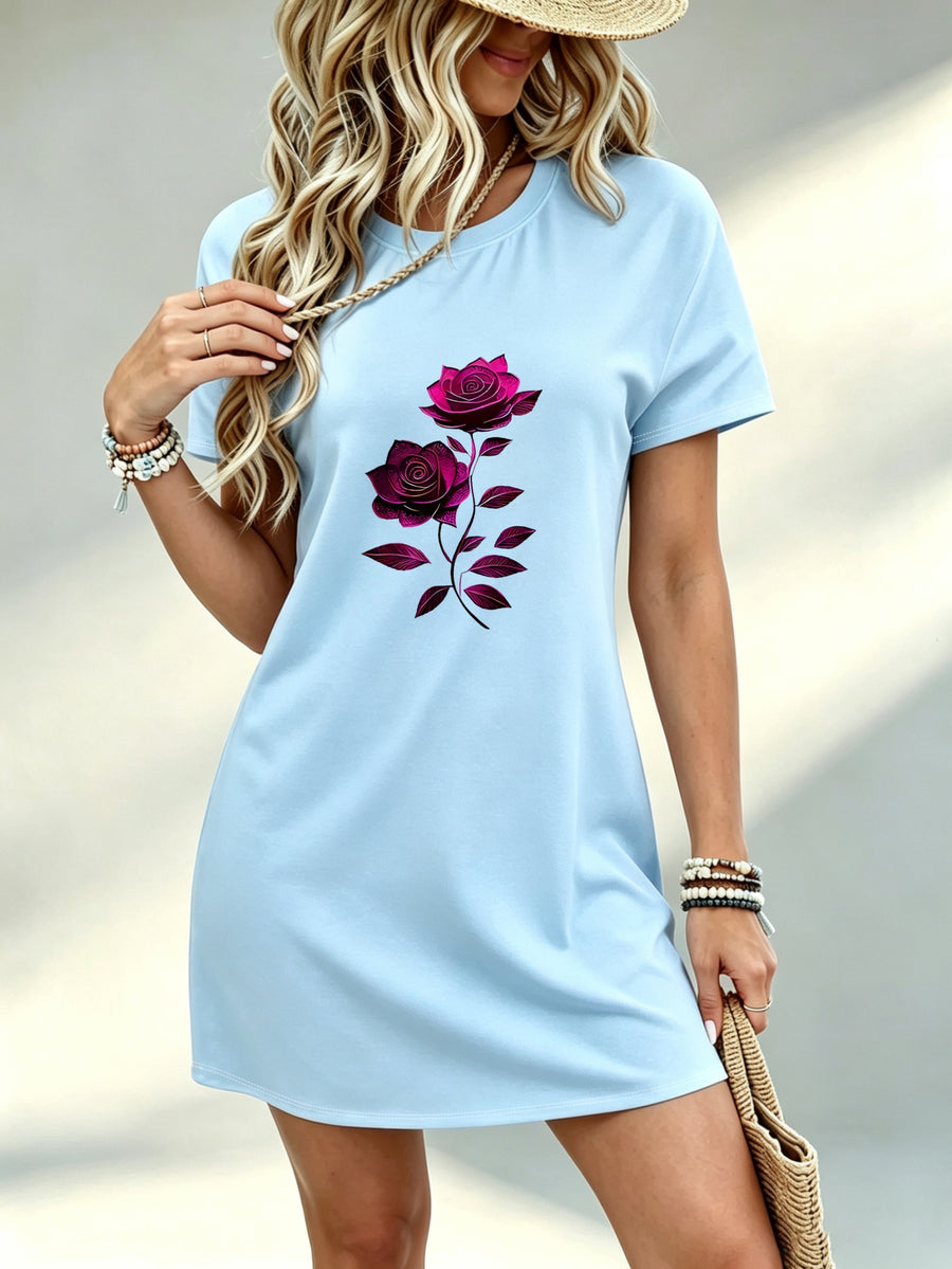 Printed Design Not Textured, Casual Style, Women Dress, Rose Floral Print, Daily Wear, Gift for Her, 100 Percent Polyester - Sky Blue