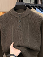 Spring And Autumn Men'S Half-Button Henley Collar Knit Sweater 3D Jacquard Texture Warm Easy And Atmospheric Middle-Aged Men'S Commuter Pullover - Dark Coffee
