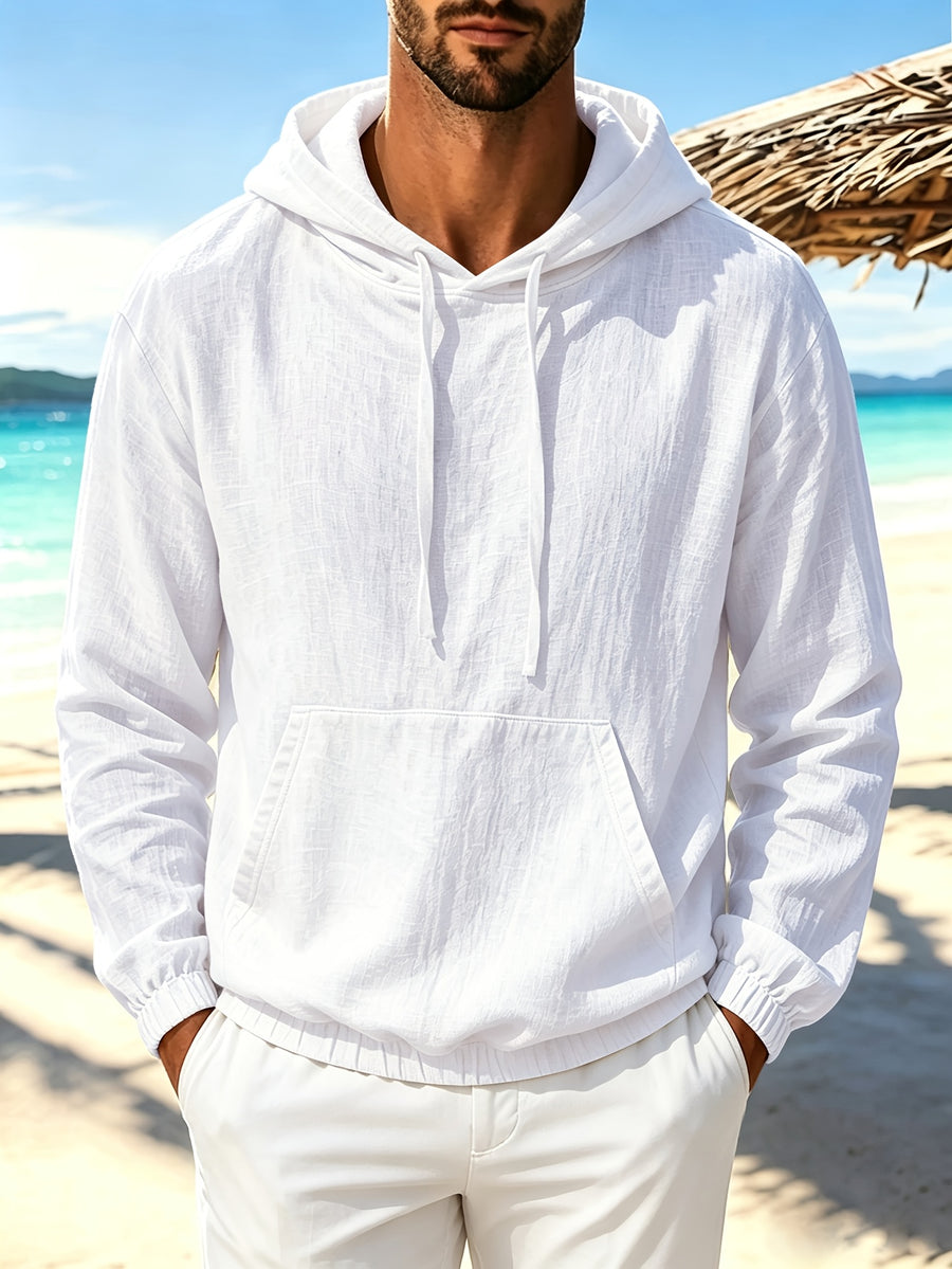Men'S Spring Autumn New Thin Solid Linen Lightweight Hooded Sweatshirt Casual Commute Outing Fitness Party Street Fashion Athletic Casual Large Pocket Long Sleeve Hooded Top - White